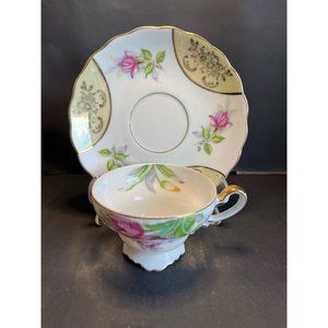 Vintage Norleans Ucacgo Tea Cup Saucer Gold Trim Footed Hand Painted Rose